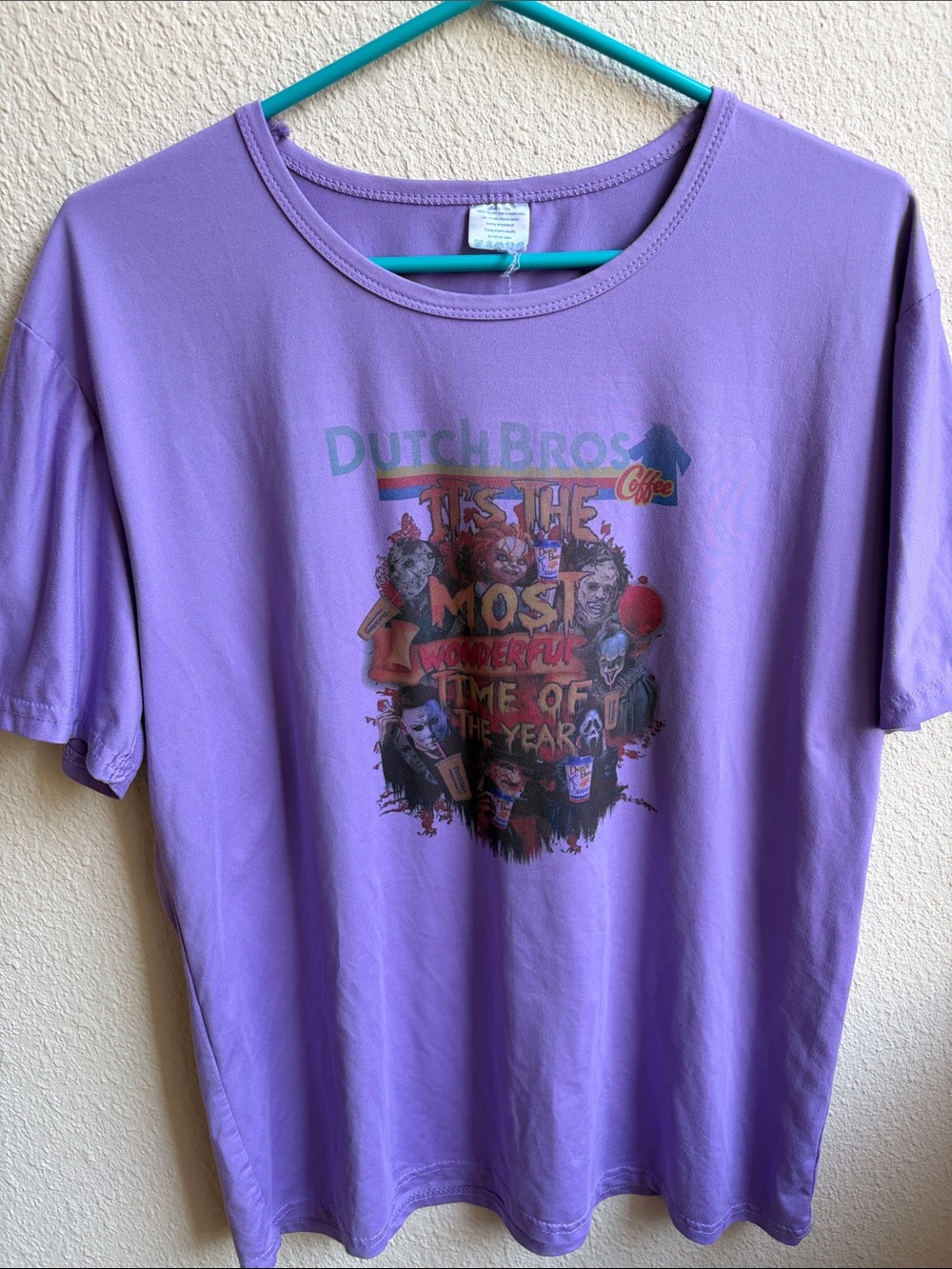Dutch Bros Purple Short Sleeve Tee with Colorful Horror Graphic